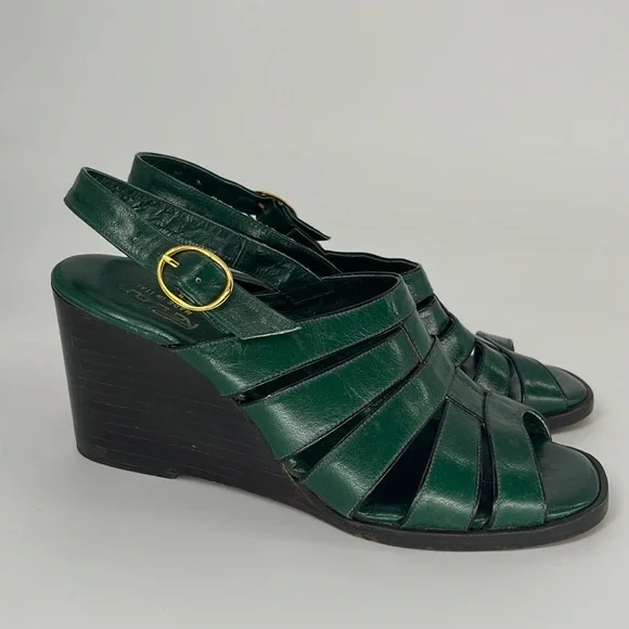 Vintage 70s Rodan Stacked Wedge Sandals in Green Leather Size 5 1/2 - Picture 13 of 13
